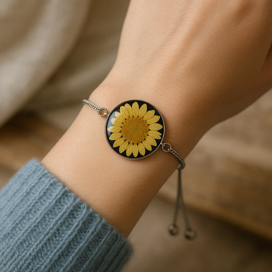 Real Sunflower Resin Bracelet – Adjustable Silver Chain