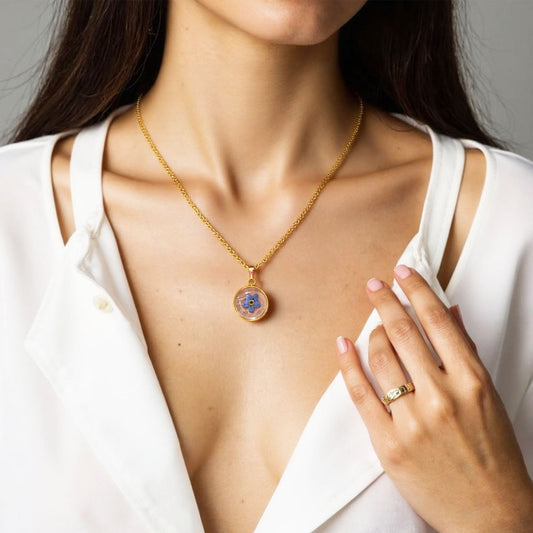 Gold Forget-Me-Not Resin Pendant Necklace (Round Floral Charm)