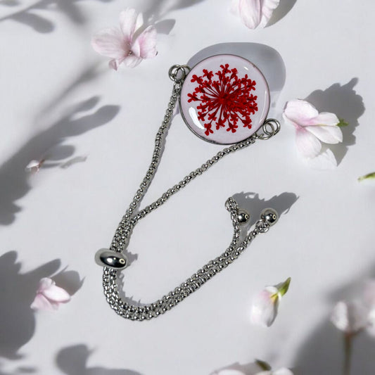 Handmade Red Flower Resin Bracelet – Round Pendant