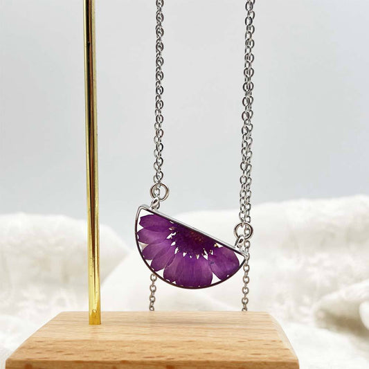 Silver Purple Daisy Half-Moon Resin Necklace (Crescent Flower Pendant)