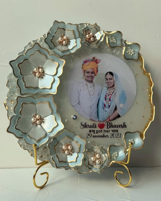 Customized Resin Photo Frame with Blue Floral Design & Golden Accents