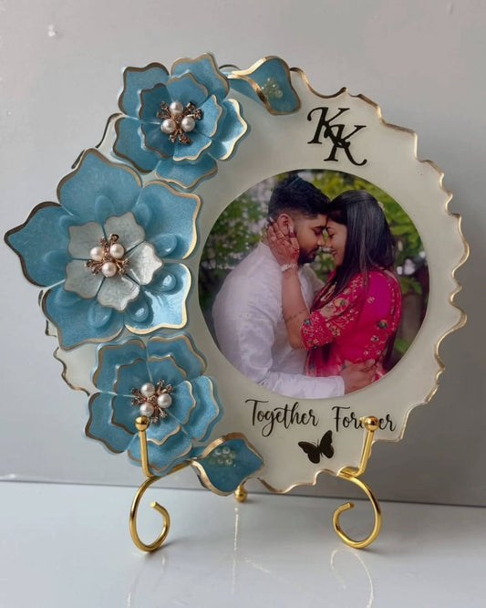 Customized Resin Photo Frame with Blue Floral Design & Personalized Initials