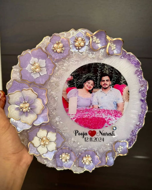 Customized Resin Photo Frame with Purple Floral Design & Personalized Names