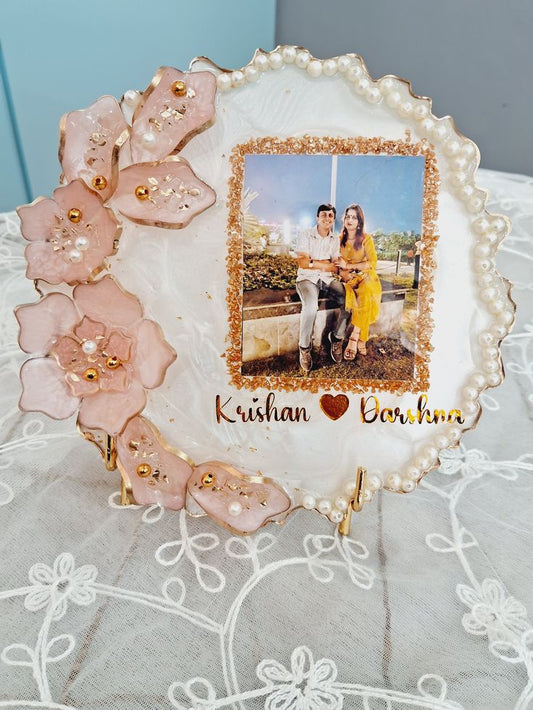 Customized Resin Photo Frame with Pink Floral Design & Couple Name Personalization