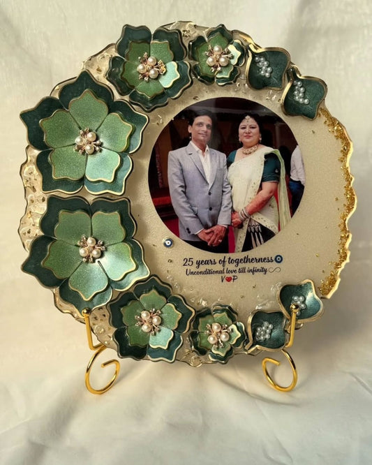 Customized Resin Anniversary Photo Frame with Green Floral Design – 25 Years of Togetherness Gift