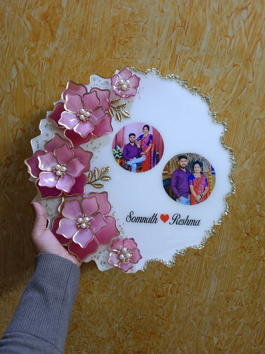 Customized Resin Couple Photo Frame with Pink Floral Design