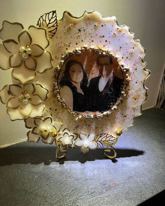 Customized Resin Photo Frame with White Floral Design & Golden Accents