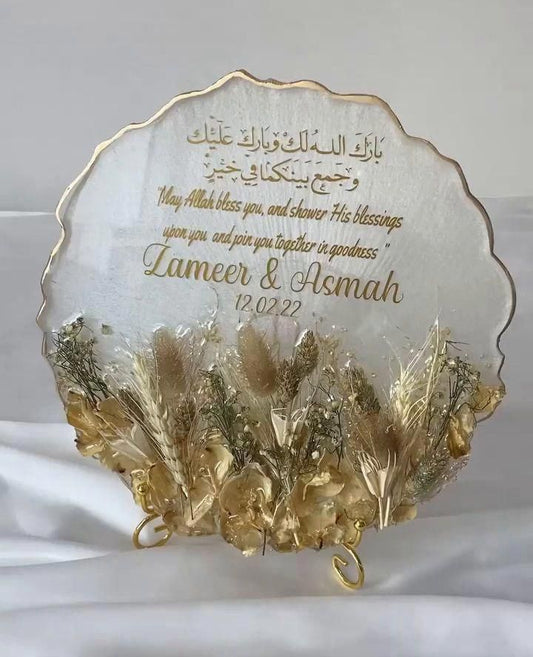 Customized Resin Wedding Blessing Plate with Dried Flowers