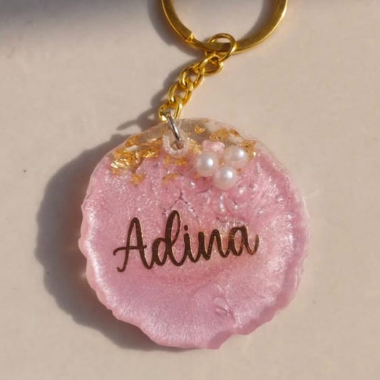 Custom Resin Name Keychain with Pearls & Gold Flakes – Adina Design