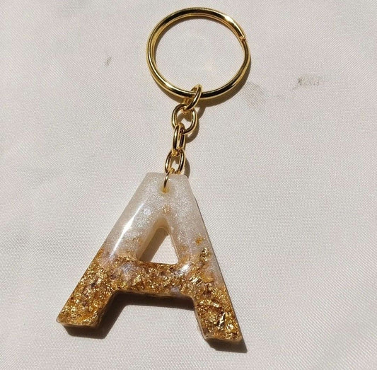 Custom Resin Alphabet Keychain – Letter A with Gold Flakes