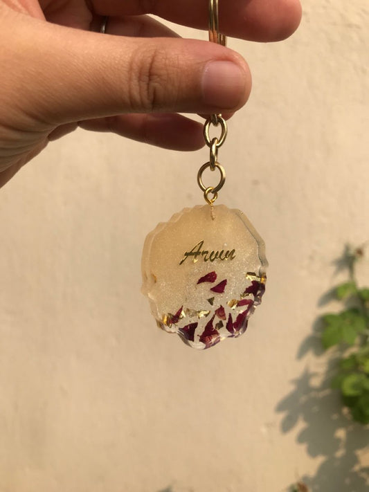 Customized Resin Keychain with Name - Floral & Gold Foil Design