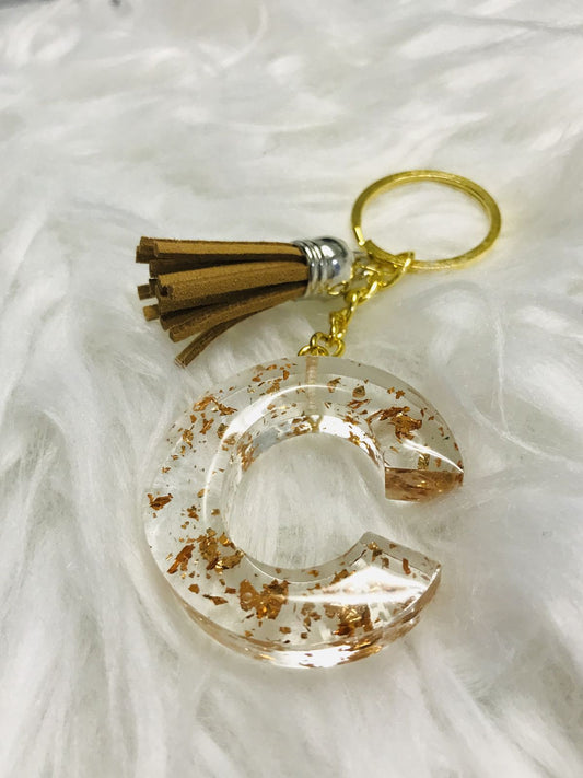 Customized Resin Alphabet Keychain – Letter C with Gold Foil & Tassel