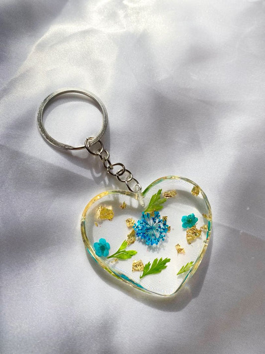 Heart-Shaped Resin Keychain with Blue Flowers & Gold Flakes