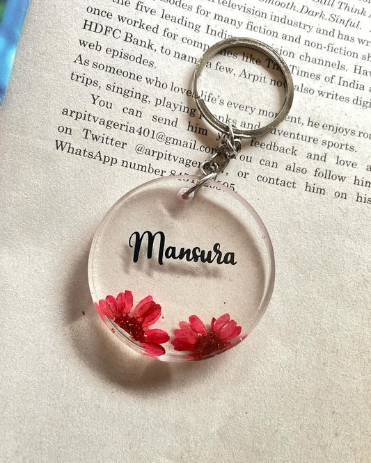 Customized Resin Name Keychain – Round Design with Red Flowers