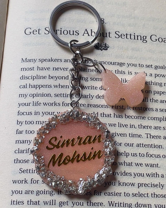 Customized Resin Name Keychain – Pink Glitter with Butterfly Charm