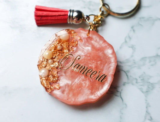 Customized Resin Name Keychain – Pink Pearl Design with Red Tassel