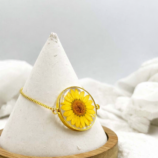 Real Sunflower Resin Bracelet – Handmade Floral Gold Chain Bracelet for Women