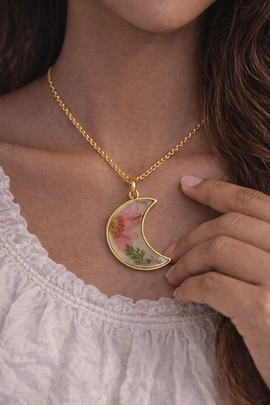 Crescent Moon Resin Necklace with Pink Dried Flower Pendant