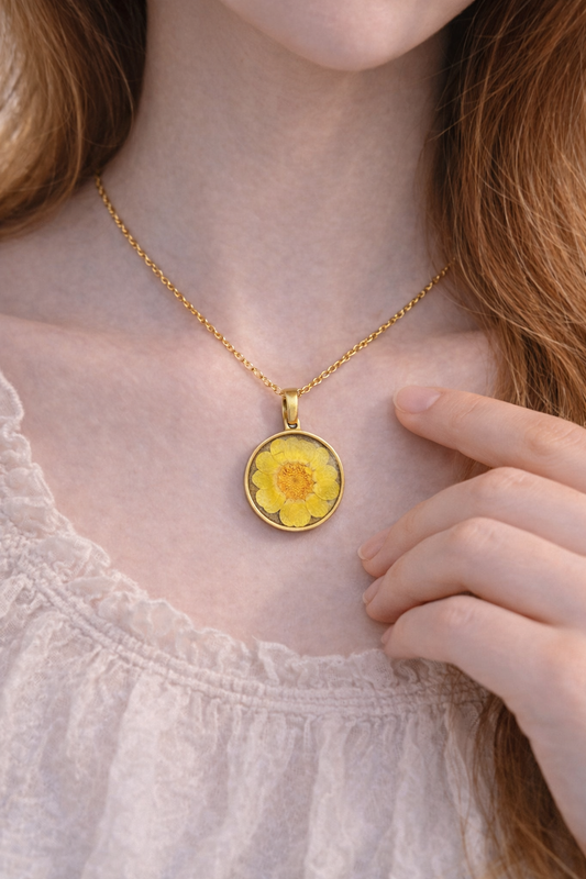 Round Resin Necklace with Yellow Dried Flower Pendant