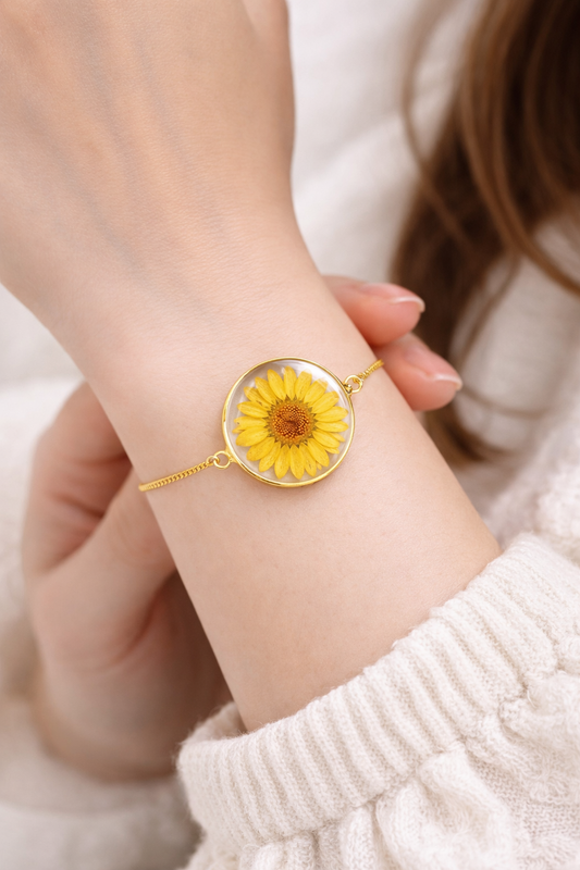 Real Sunflower Resin Bracelet – Handmade Floral Gold Chain Bracelet for Women