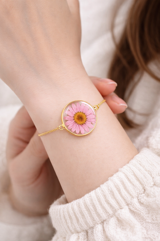 Real Pink Daisy Resin Bracelet – Handmade Floral Gold Chain Bracelet for Women