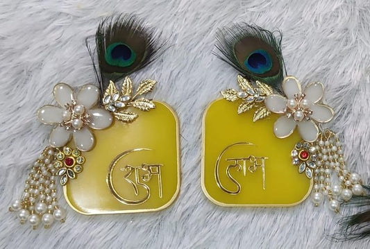 Resin Labh Shubh Wall Hanging | Yellow Floral with Peacock Feather