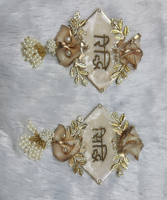 Resin Labh Shubh Wall Hanging | Beige Floral with Pearl Tassels