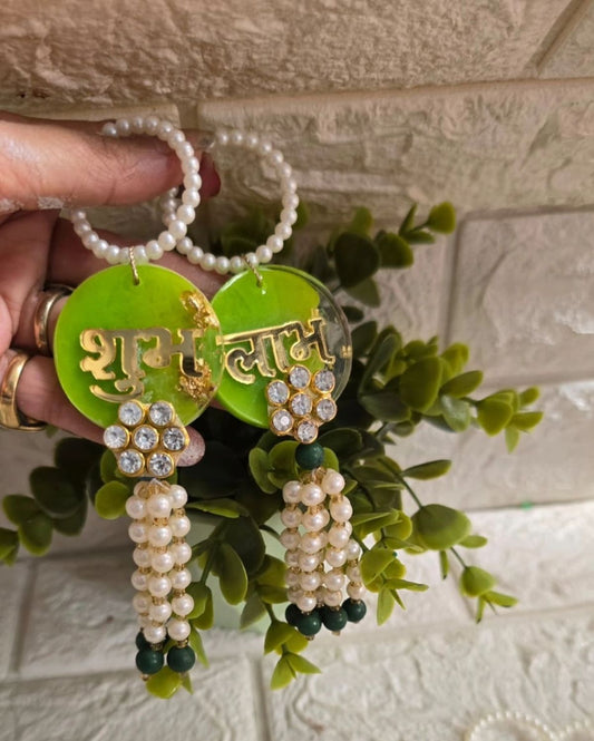Resin Labh Shubh Wall Hanging | Green Round Design with Pearl & Stone Tassels