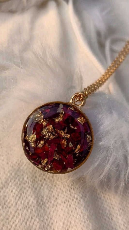 Round Resin Necklace with Red Floral & Gold Foil Pendant