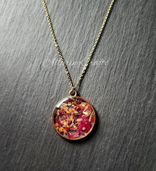 Handmade Round Resin Necklace | Multicolor Dried Flower Petals Pendant