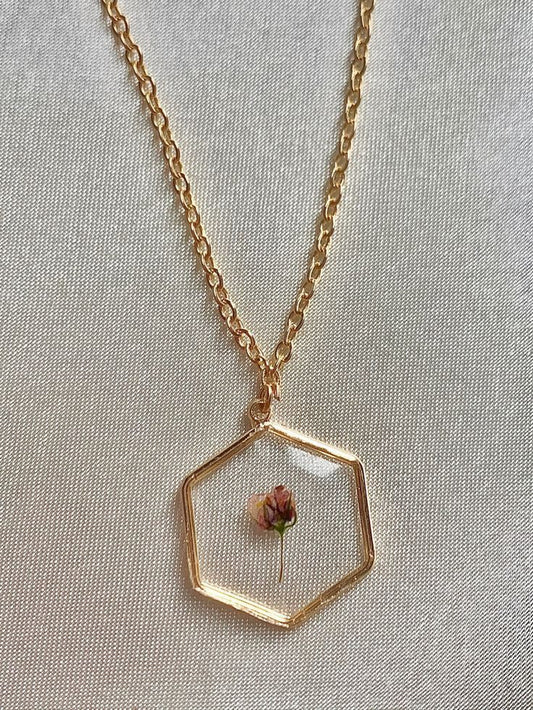 Hexagon Resin Necklace with Pink Dried Flower Pendant