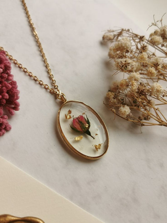 Oval Resin Necklace with Pink Rosebud & Gold Foil Pendant