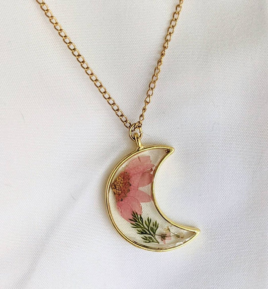 Crescent Moon Resin Necklace with Pink Dried Flower Pendant