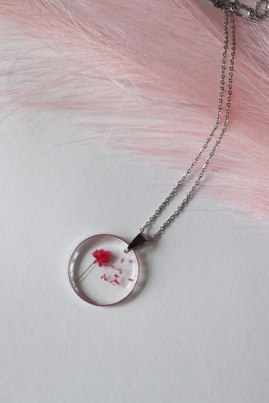 Round Resin Necklace with Red Dried Flower Pendant