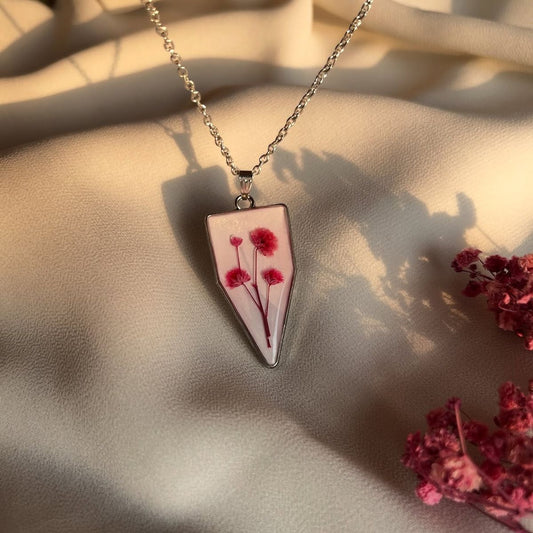 Geometric Resin Necklace with Pink Dried Flower Pendant