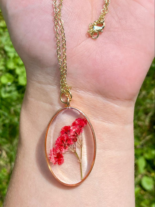 Oval Resin Necklace with Red Dried Flower Pendant