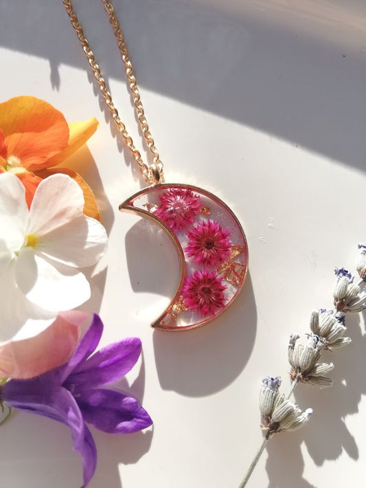 Crescent Moon Resin Necklace with Pink Dried Flowers & Gold Foil
