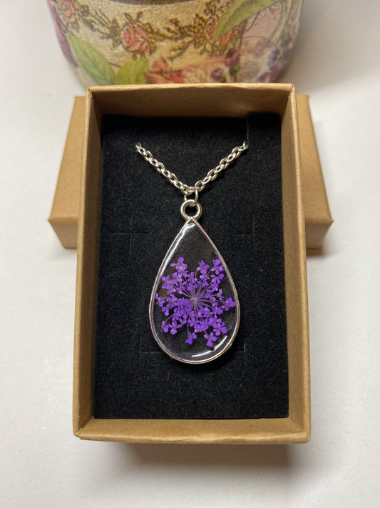 Teardrop Resin Necklace with Purple Dried Flower Pendant