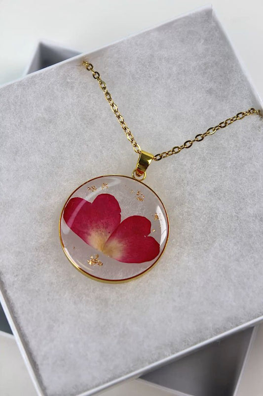 Round Resin Necklace with Red Rose Petals & Gold Foil