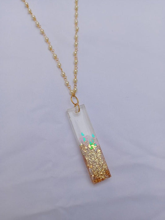 Rectangle Resin Necklace with Gold Glitter Pendant
