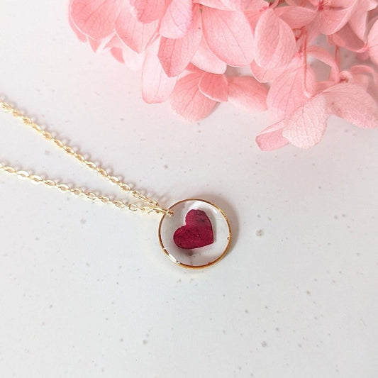 Heart Resin Necklace with Red Petal Pendant