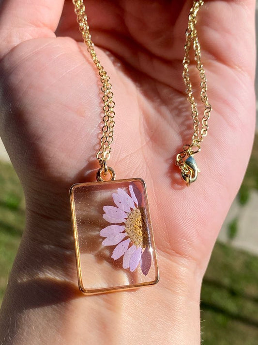 Resin Pendant Necklace with Real Pressed Pink Daisy