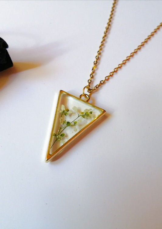 Triangle Resin Pendant Necklace with Real Pressed Flowers