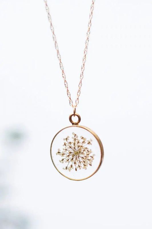 Round Resin Necklace with Dried Flower Pendant