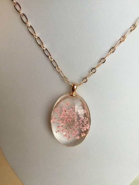 Oval Resin Necklace with Pink Dried Flower Pendant