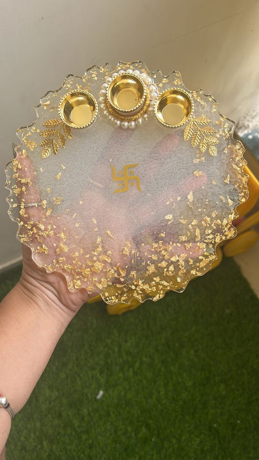 Transparent Resin Pooja Platter with Golden Foil & Swastik | Wedding & Festival Tray