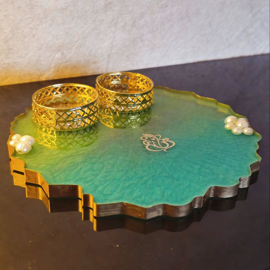 Designer Resin Ring Platter with Golden Border & Pearls | Wedding Engagement Tray