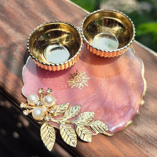 Designer Pink Resin Pooja Platter with Golden Bowls & Pearl Embellishment