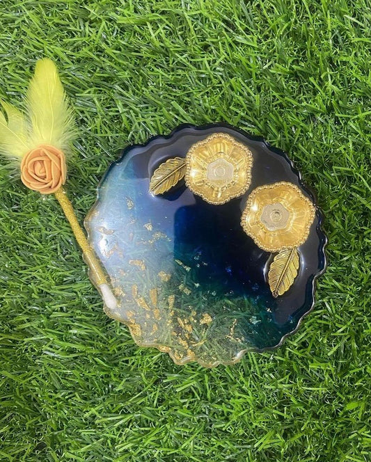 Designer Blue Resin Pooja Platter with Golden Diyas & Decorative Feather Pen