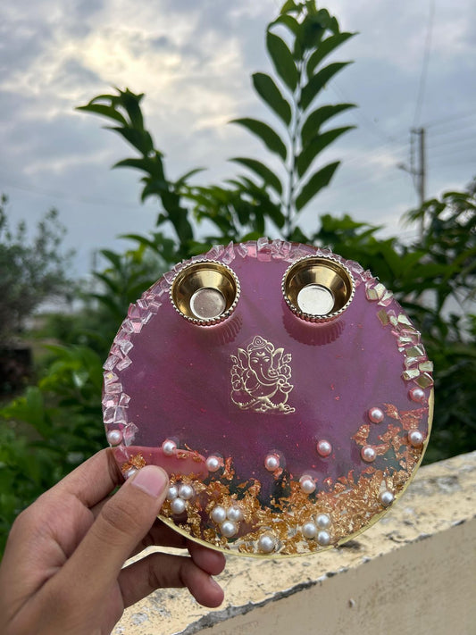 Handcrafted Pink Resin Pooja Platter with Golden Bowls & Ganesha Design